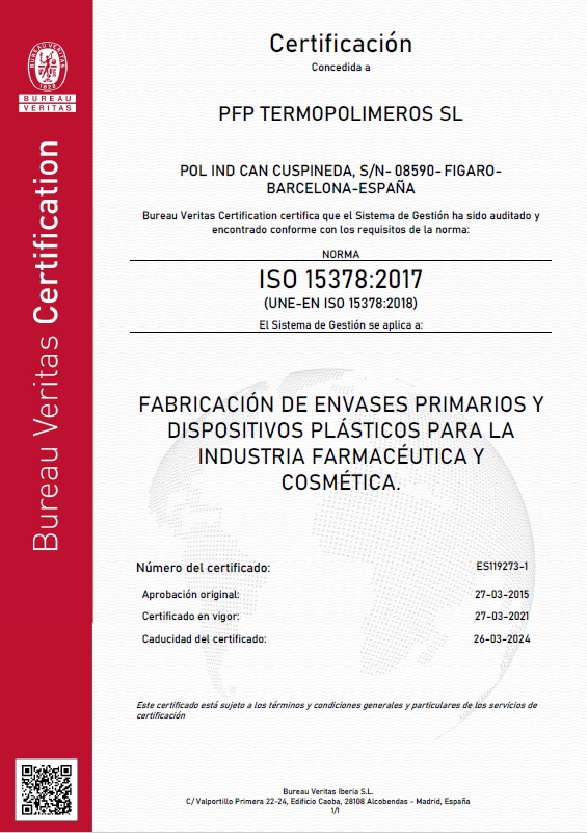 CERTIFICADO ISO 15378-ESPAÑOL-PFP TERMOPOLIMEROS SL